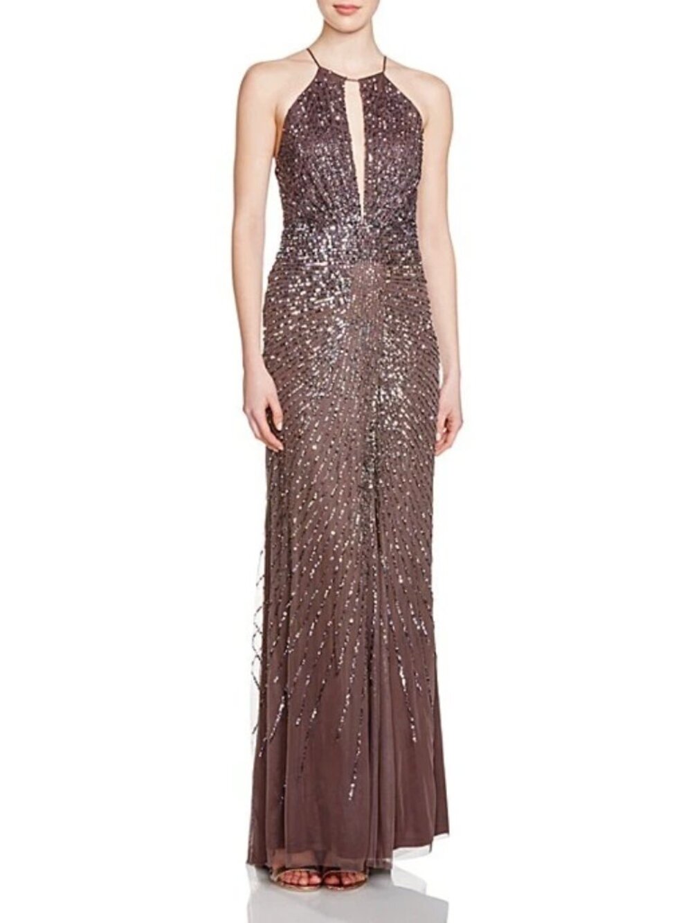 Adrianna Papell Mocha Sleeveless Keyhole Beaded  Gown Sz 14